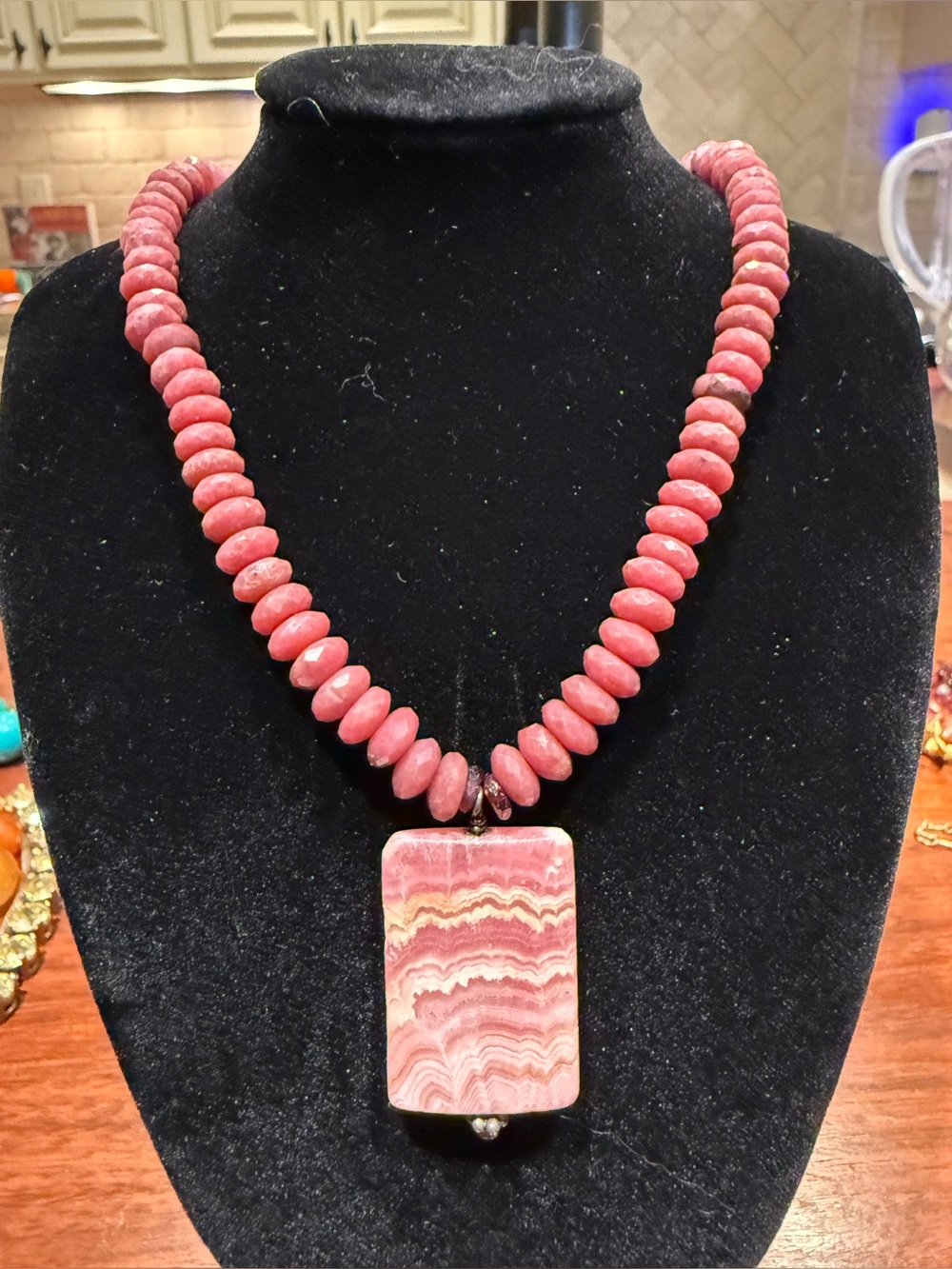 Rhodochrosite Beaded Necklace Pink Banded Pendant